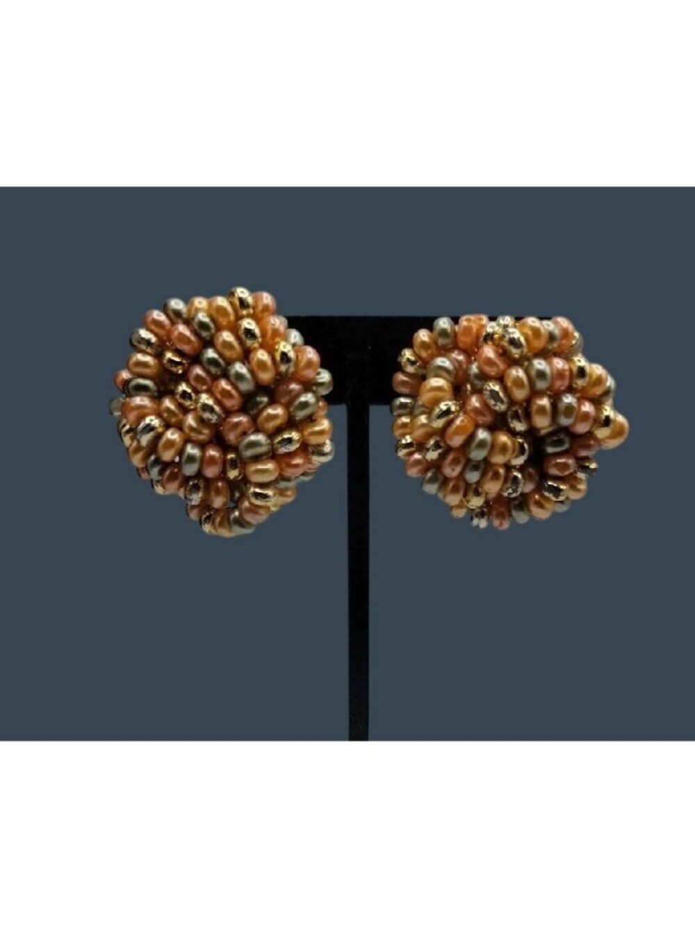 Vintage Beaded Cluster Clip-On Earrings In Gold & Bronze Tones